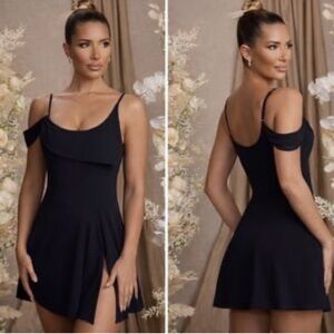 NWT Oh Polly Elegant Black mini Dress with off-shoulder design, size 6